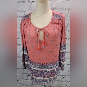 NWT Lucky Brand Women's Swing Top Lace Up Blouse Farm Boho Paisley Hippie Medium